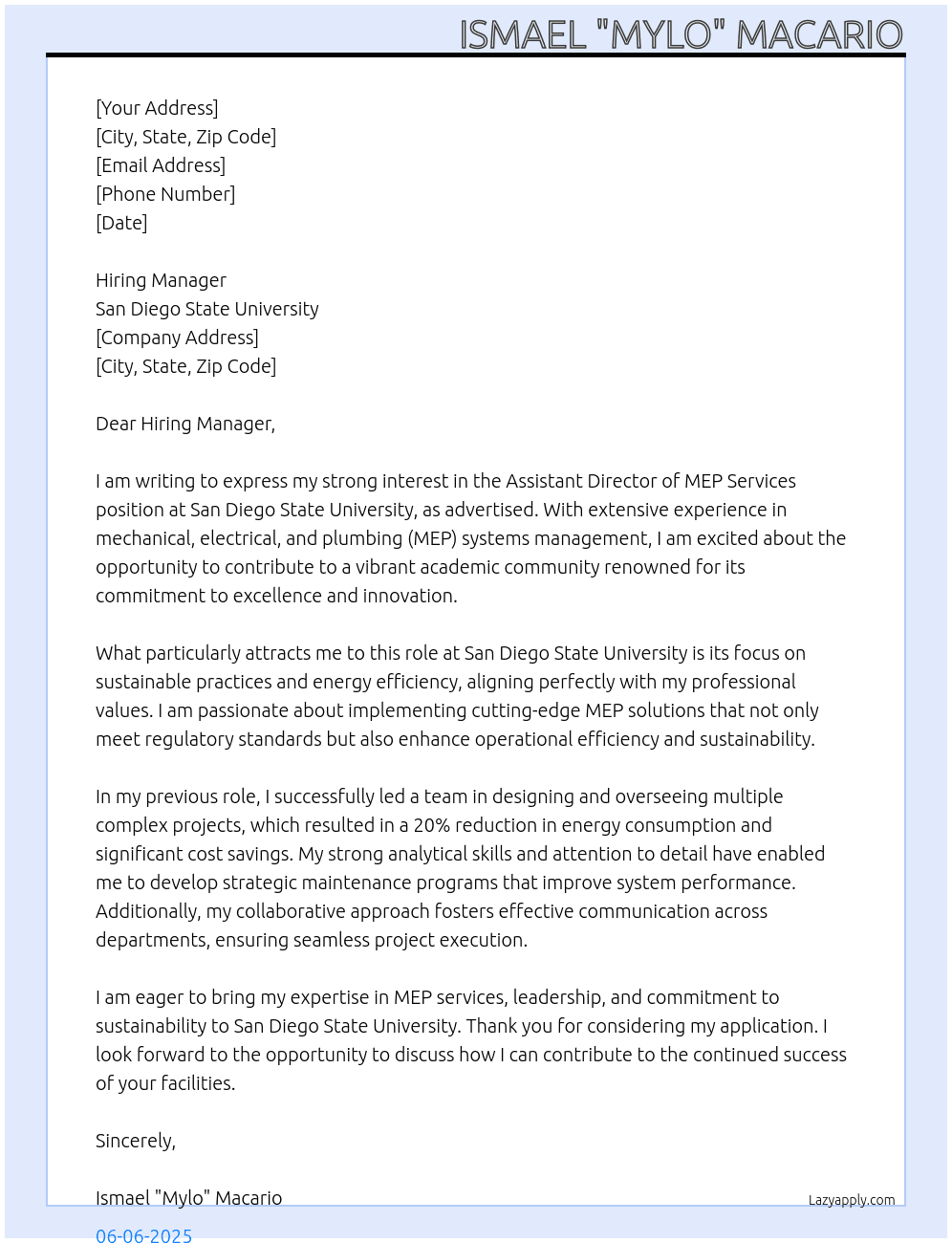 Assistant Director of MEP Services At San Diego State University Cover Letter