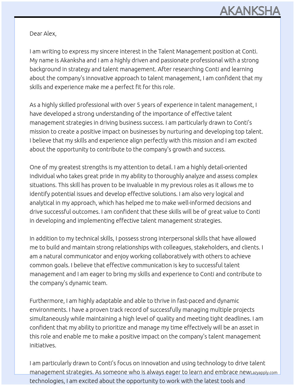 Talent management At Conti Cover Letter