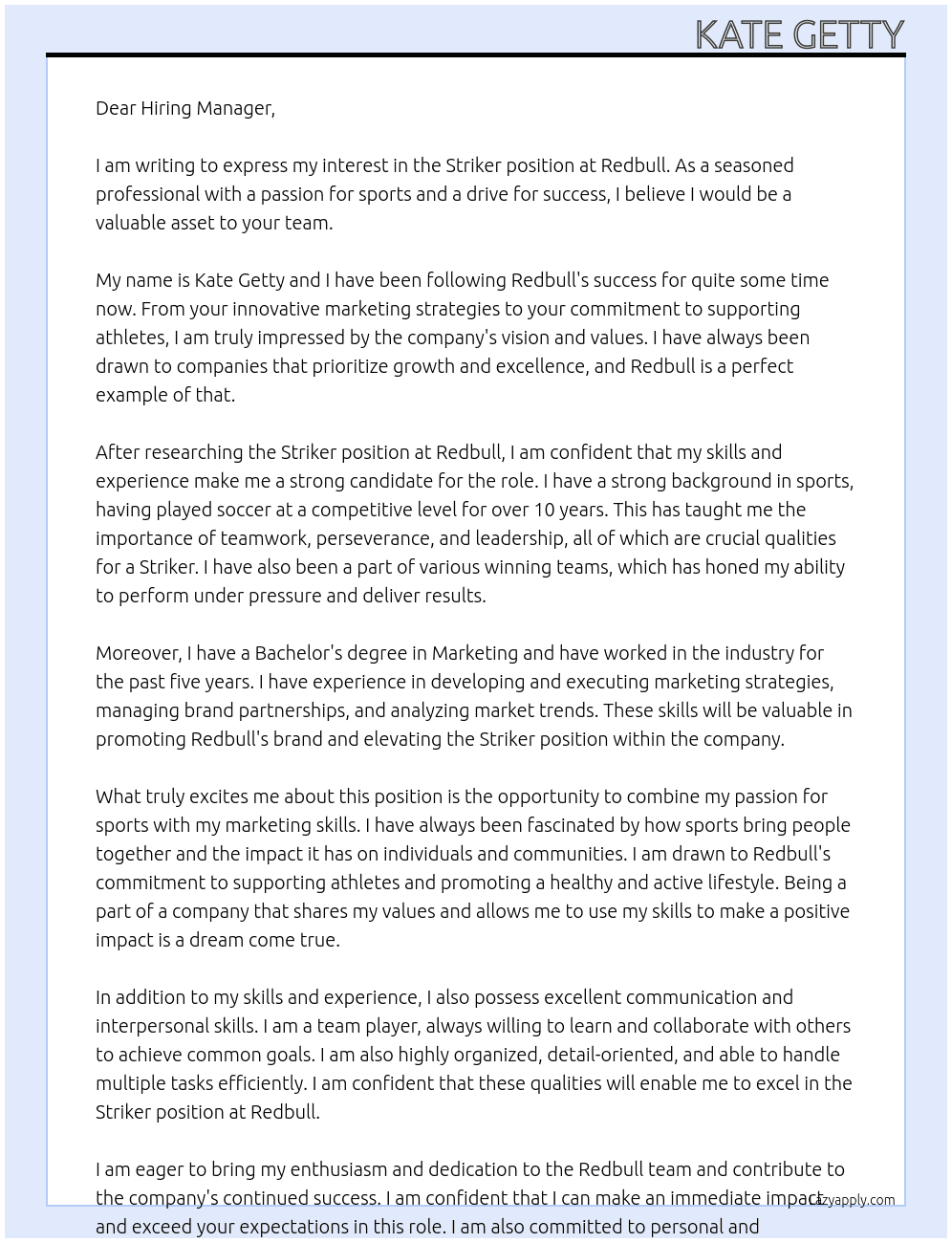Striker  At Redbull Cover Letter