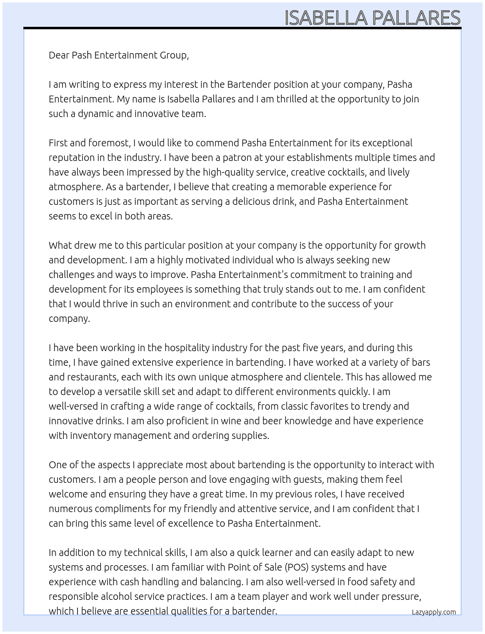 Bartender At Pasha entertainment Cover Letter