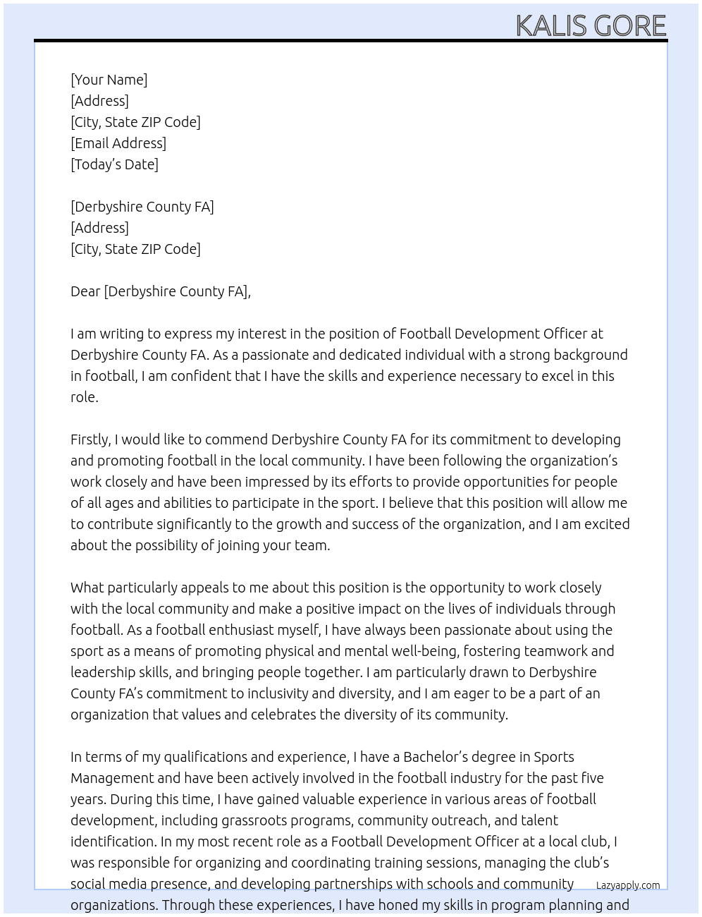 Football Development Officer At Derbyshire County FA Cover Letter