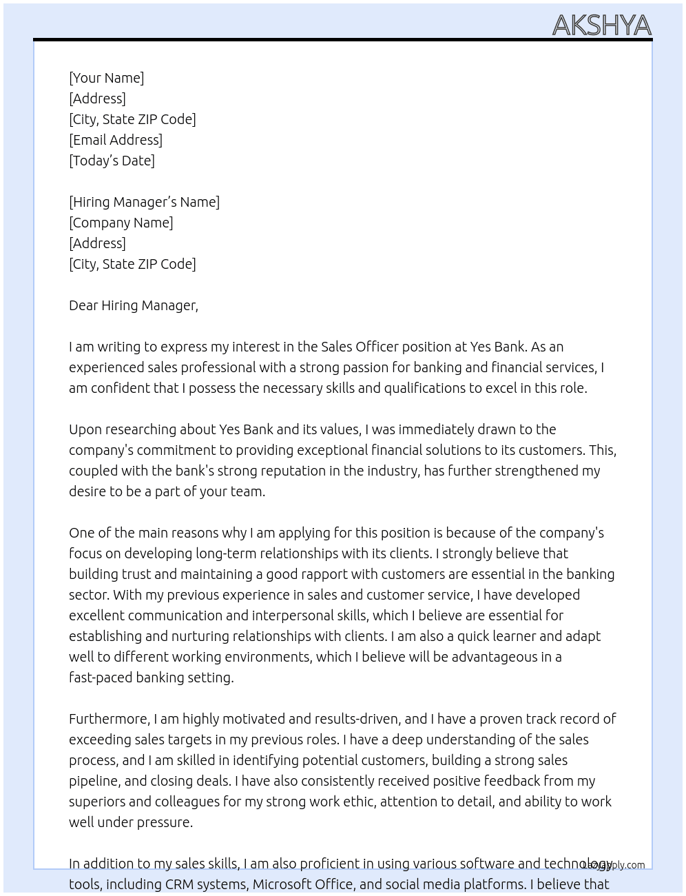 Sales officer  At Yes bank Cover Letter