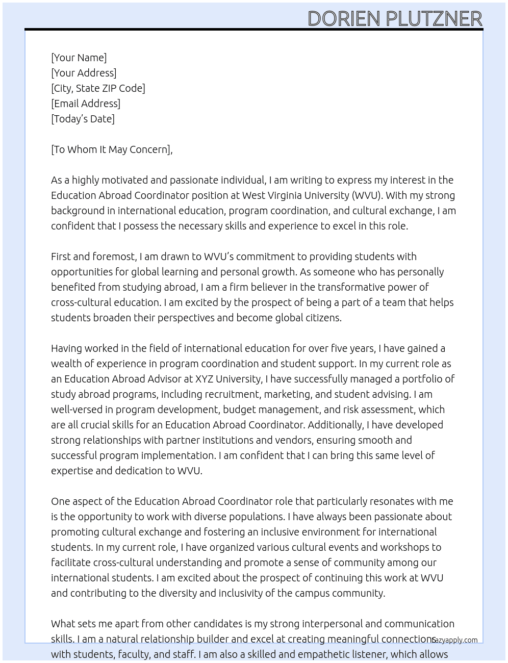 Education Abroad Coordinator At WVU Cover Letter