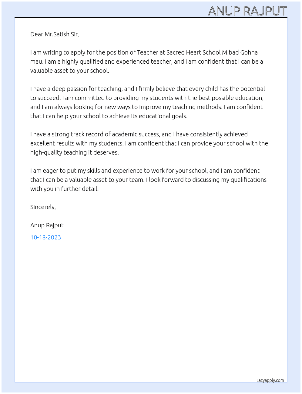 Teacher At Sacred heart school M.bad Gohna mau Cover Letter