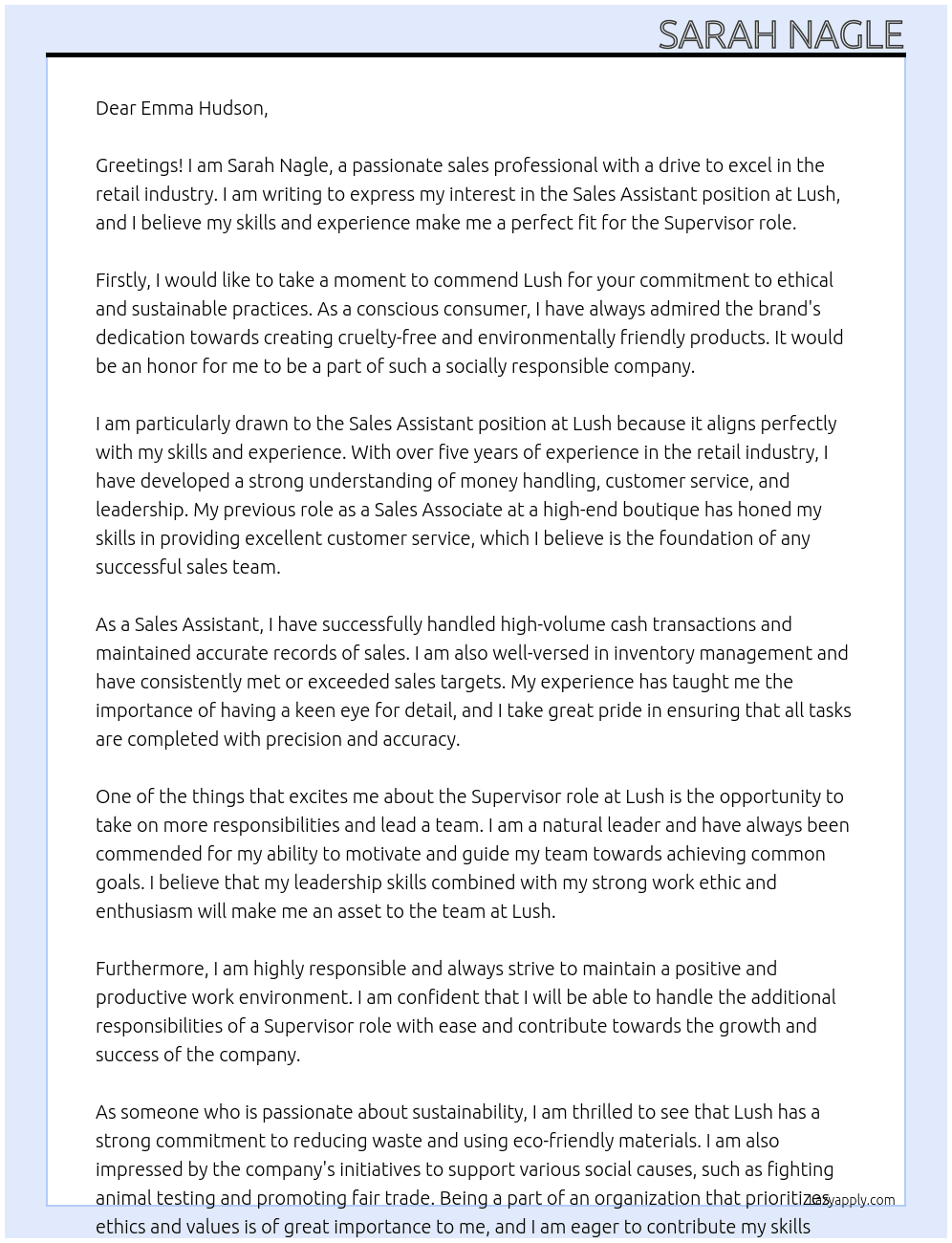 Sales assistant  At Lush Cover Letter