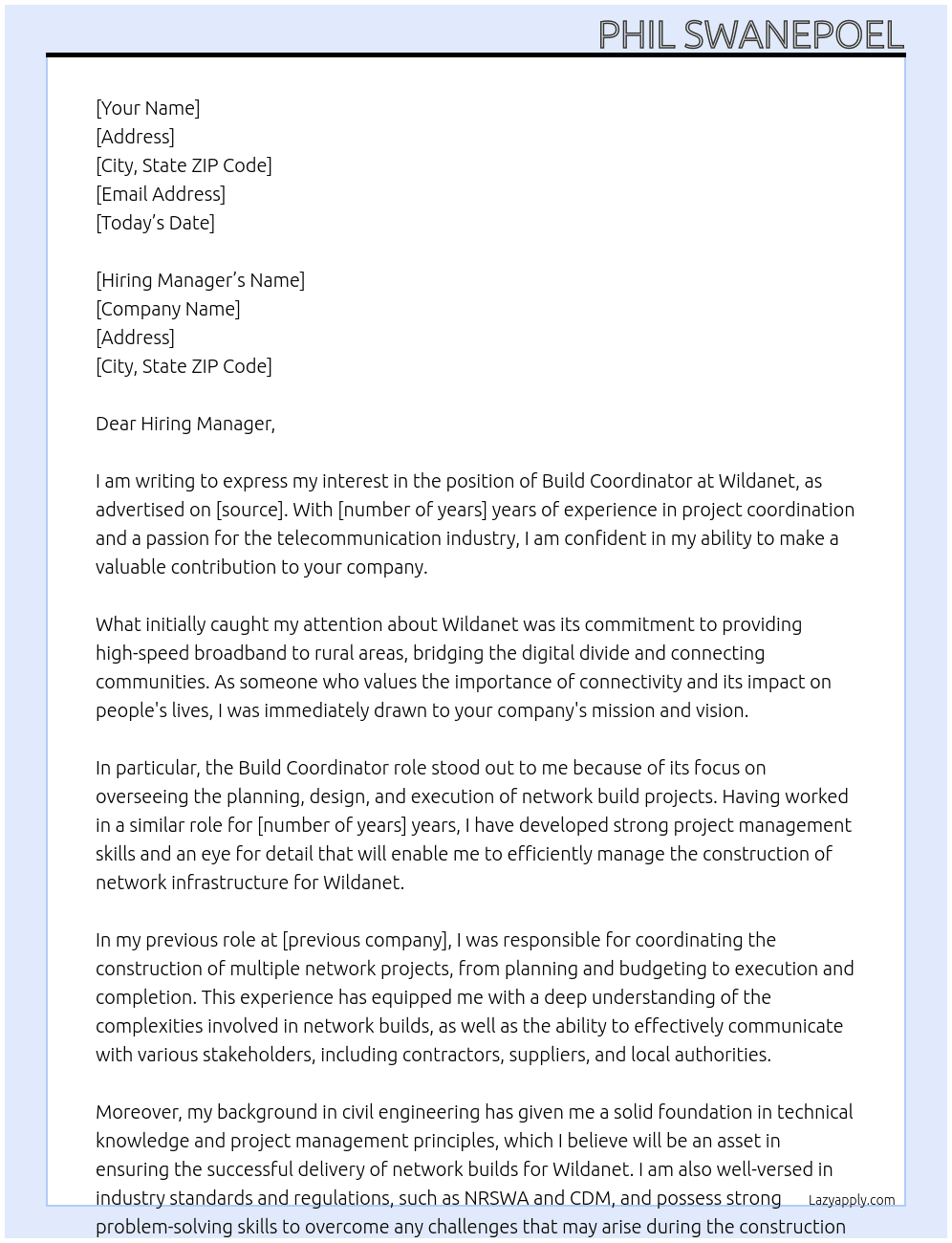 Build Coordinator At Wildanet Cover Letter