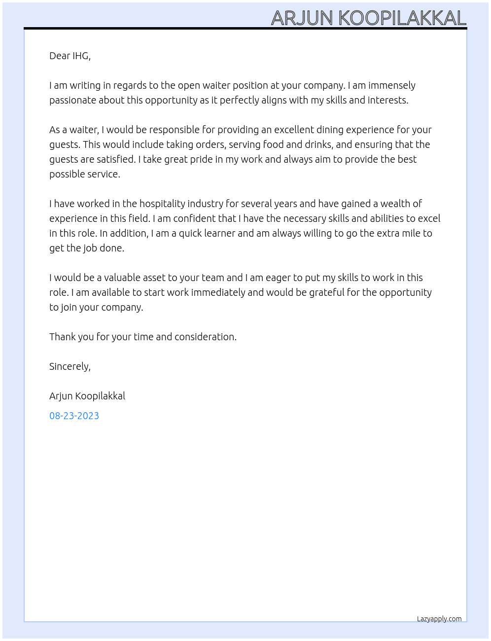 Waiter At Intercontinental Hotels Group Cover Letter