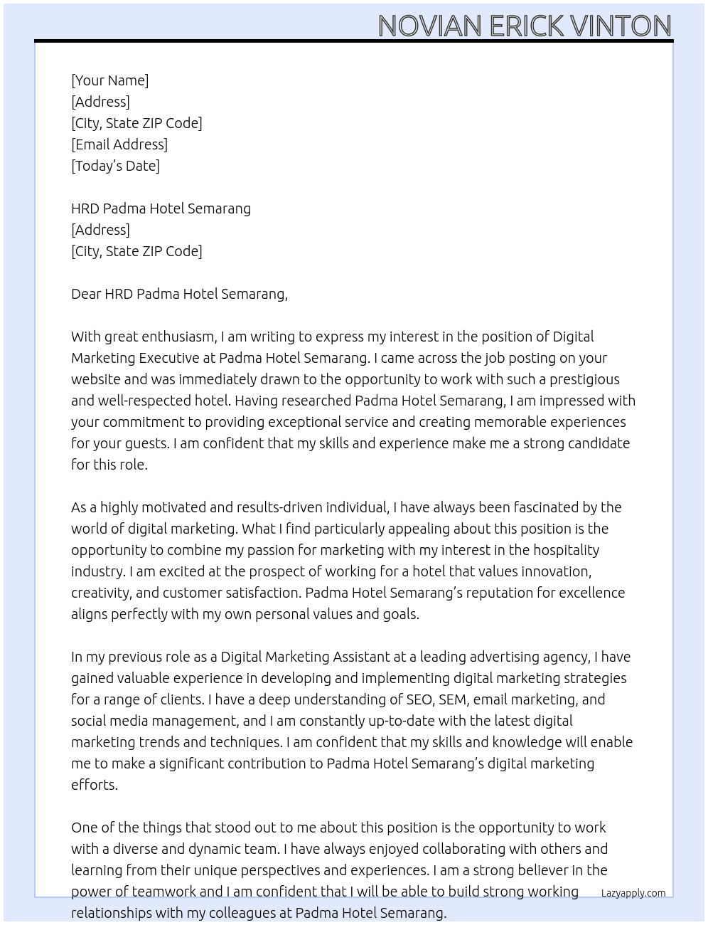 Digital Marketing Executive At Padma Hotel Semarang Cover Letter