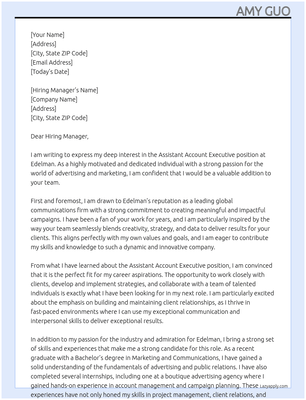 Assistant Account Executive At Edelman Cover Letter