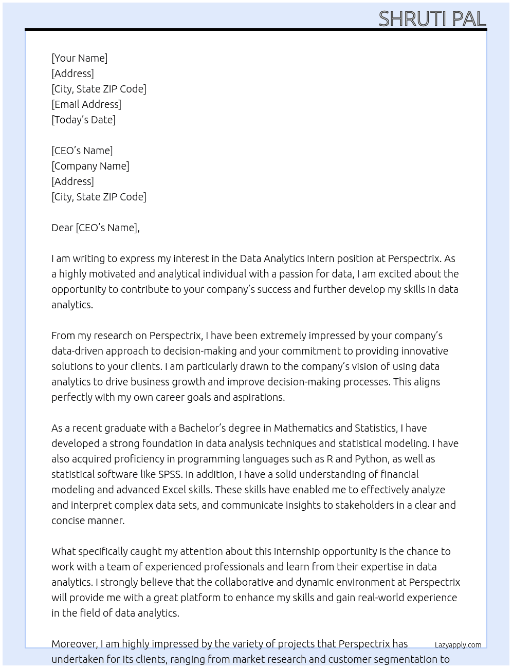 Data Analytics Intern At perspectrix Cover Letter