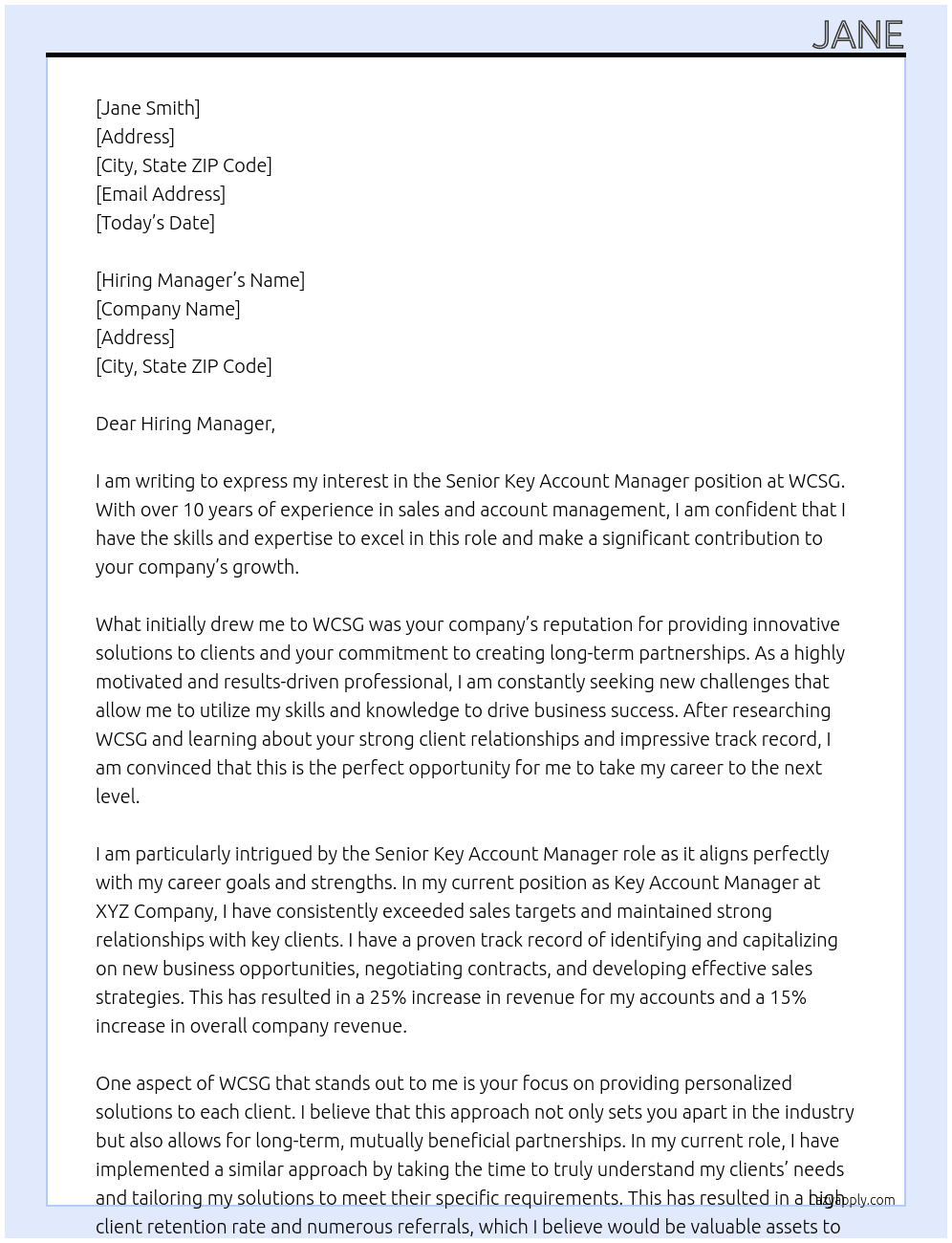 Senior Key Account Manager At WCSG Cover Letter