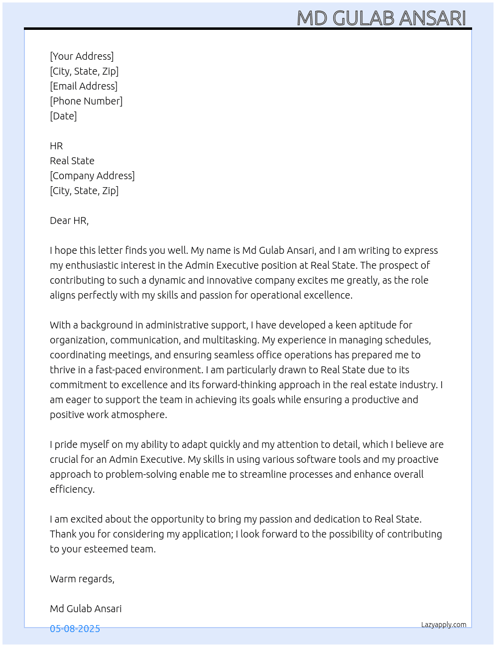 Admin Executive r At Real State Cover Letter