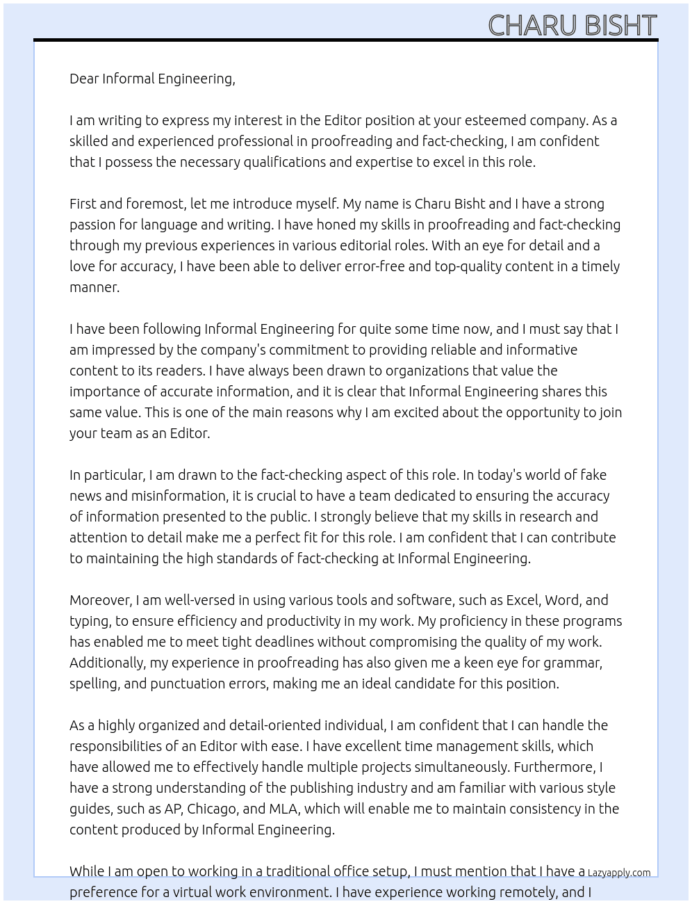 Editor At Informal Engineering Cover Letter