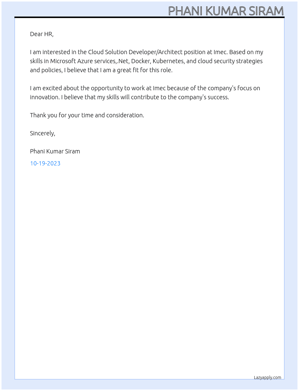 Cloud Solution Developer/Architect At Imec Cover Letter
