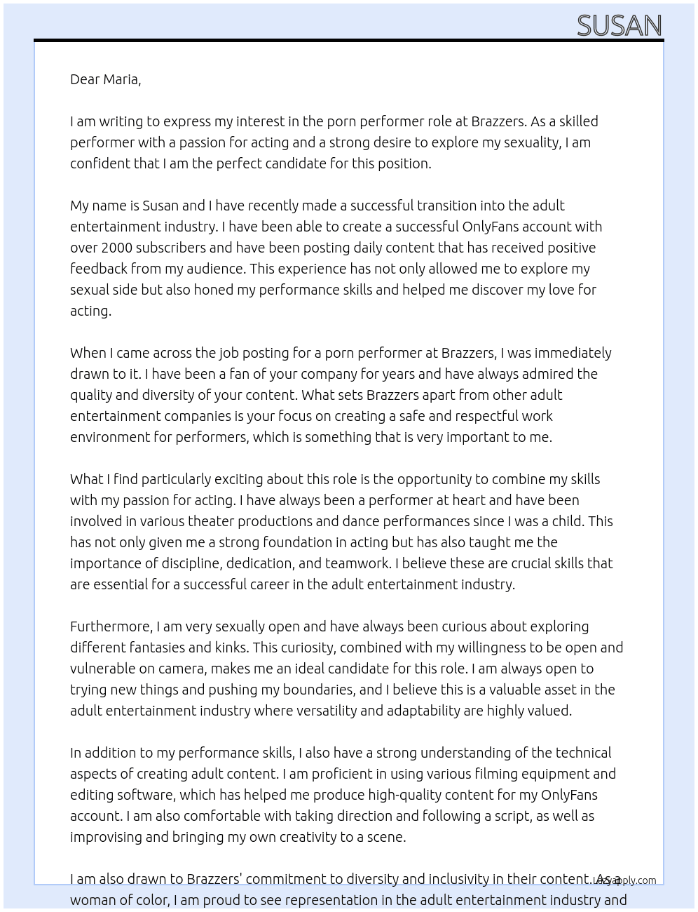 porn performer At Brazzers Cover Letter