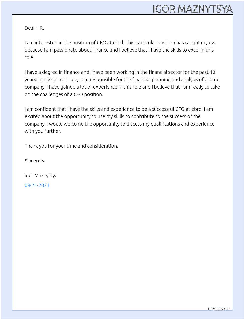 CFO At ebrd Cover Letter
