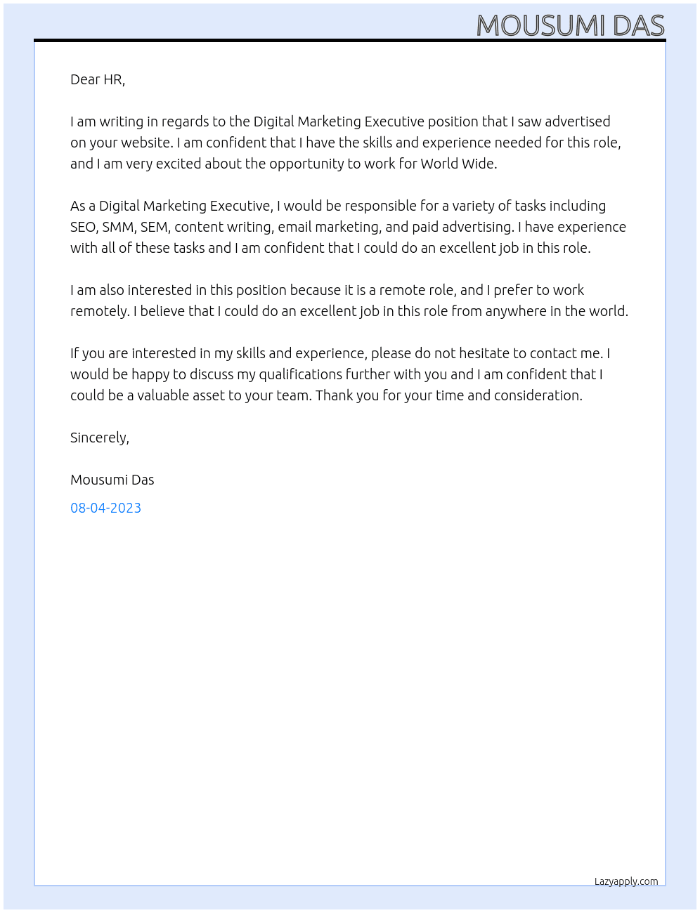 Digital marketing executive  At World wide Cover Letter