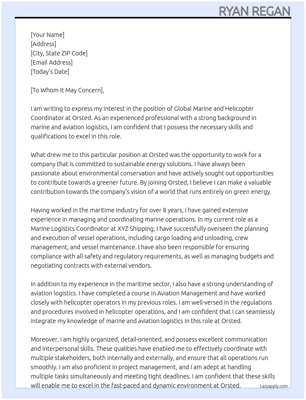 Global Marine and Helicopter Coordinator At Orsted Cover Letter