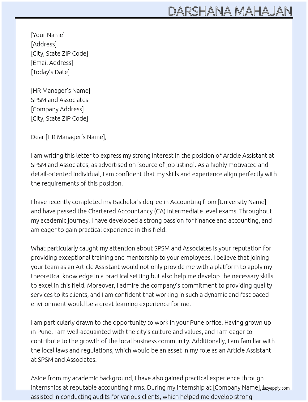 Article Assistant At SPSM and Associates Cover Letter