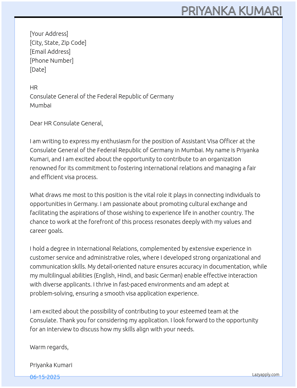 Cover letter for assistant visa officer - LazyApply