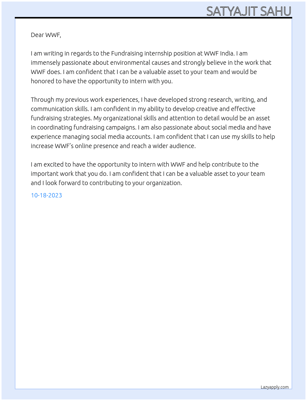 internship At wwf Cover Letter
