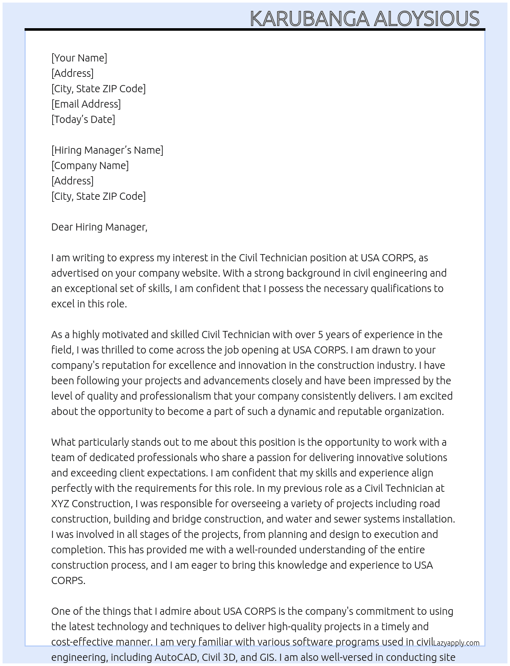 Civil Technician At USA CORPS  Cover Letter