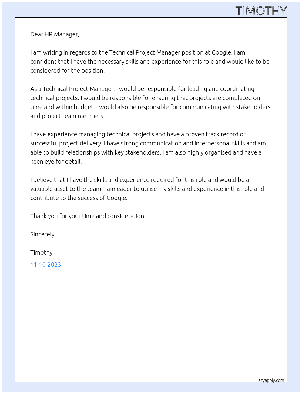 Technical Project Manager At Google Cover Letter