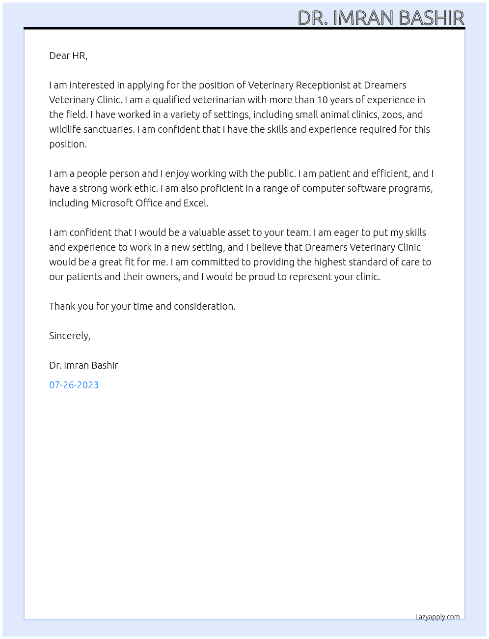 Veterinary Receptionest At Dreamers Veterinary Clinic Cover Letter