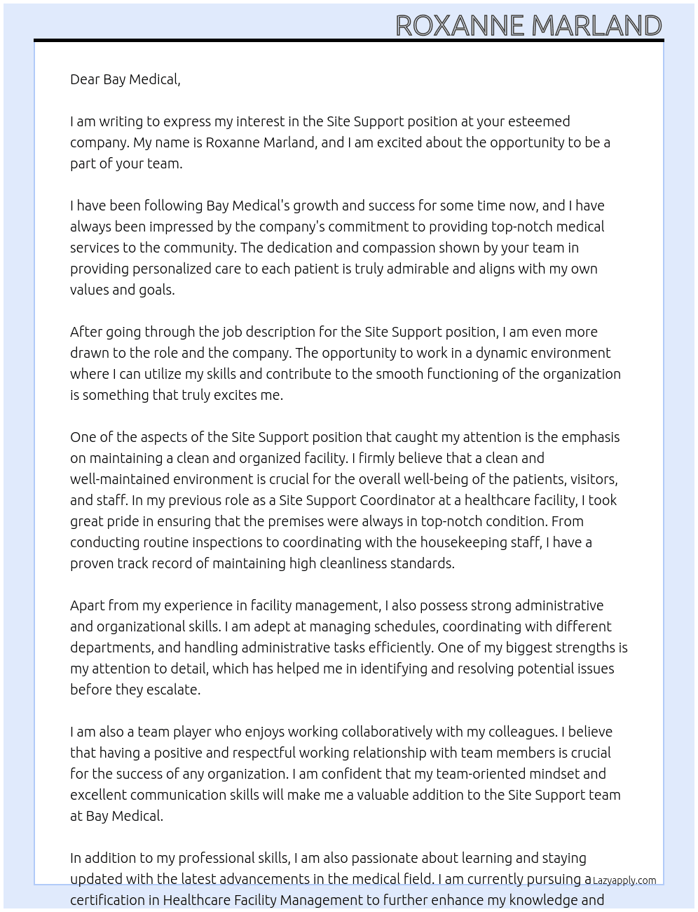 Site support  At Bay medical Cover Letter