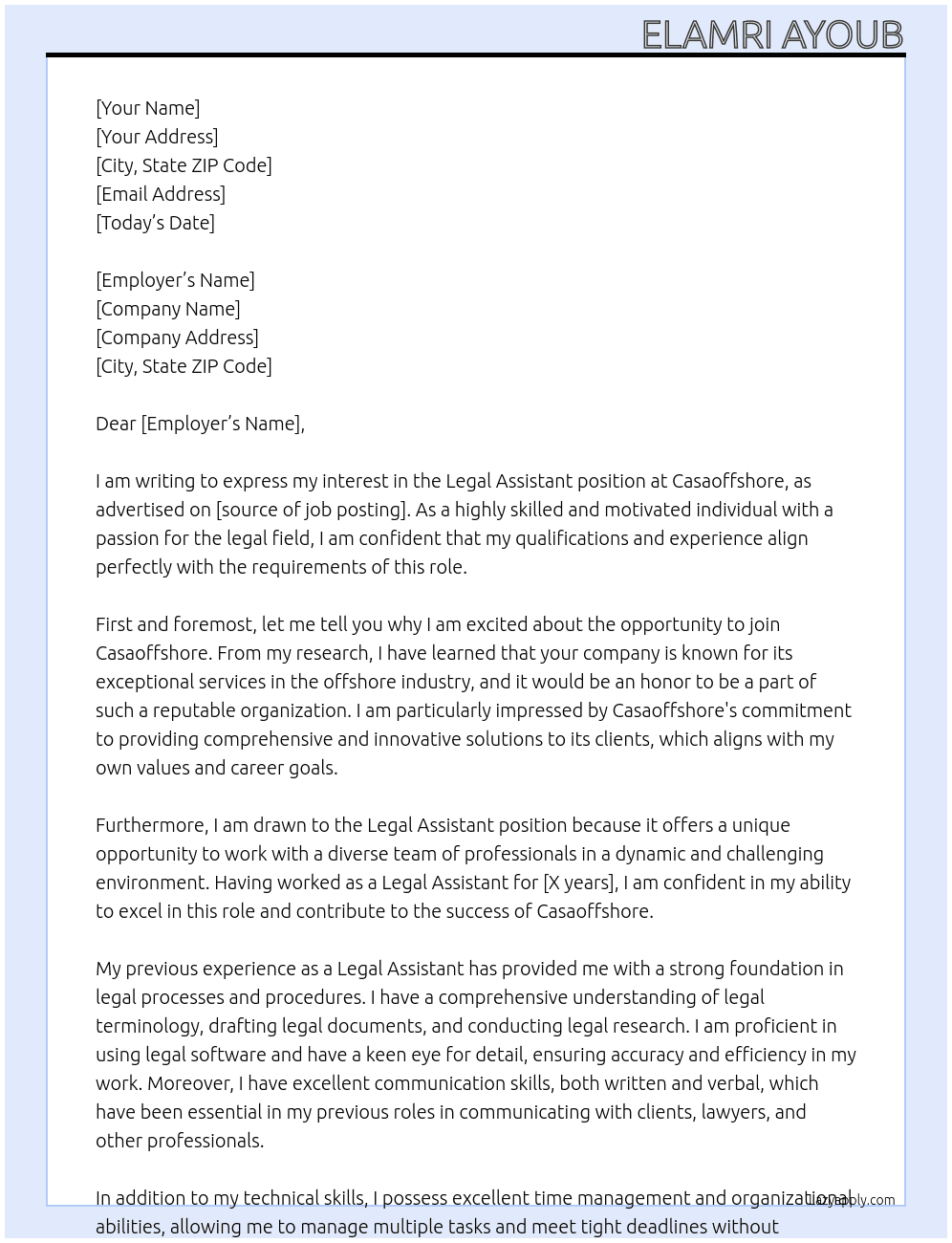 Legal Assistant   At Casaoffshore Cover Letter