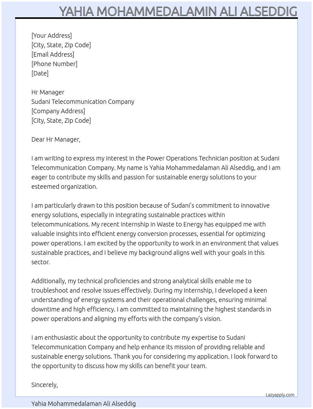 Cover letter for power operations technican - LazyApply