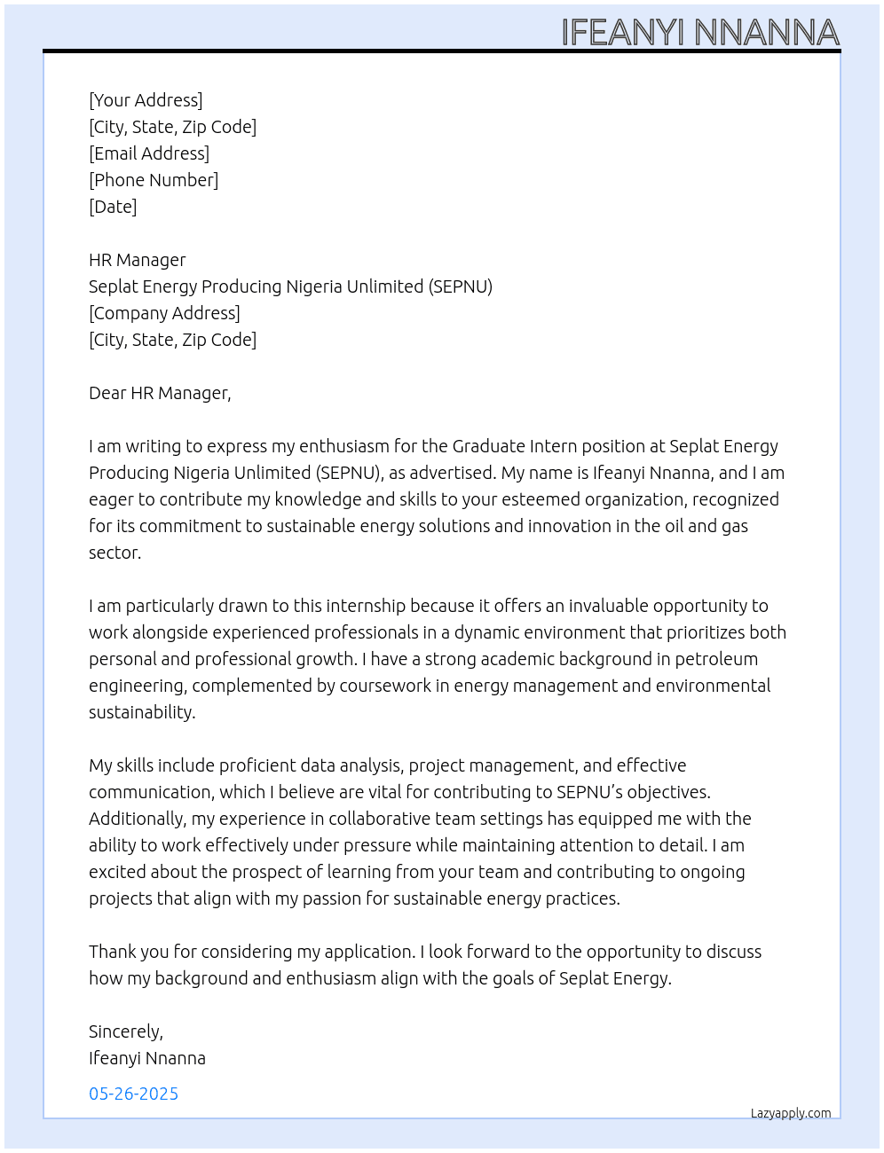 Graduate intern  At Seplat Energy Producing Nigeria Unlimited (SEPNU) Cover Letter