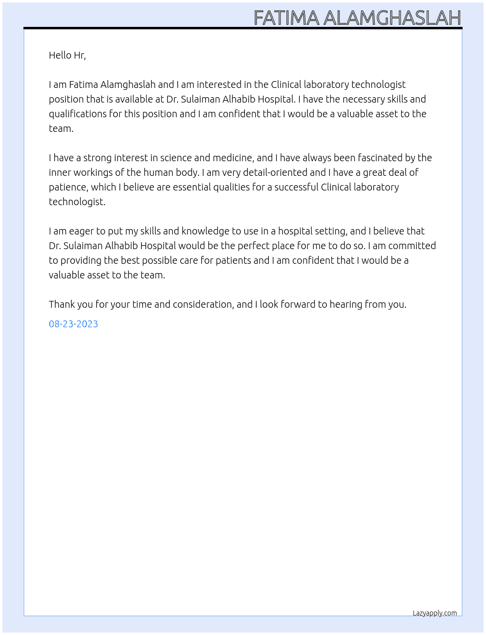 Clinical laboratory technologist  At Dr. Sulaiman Alhabib Hospital Cover Letter
