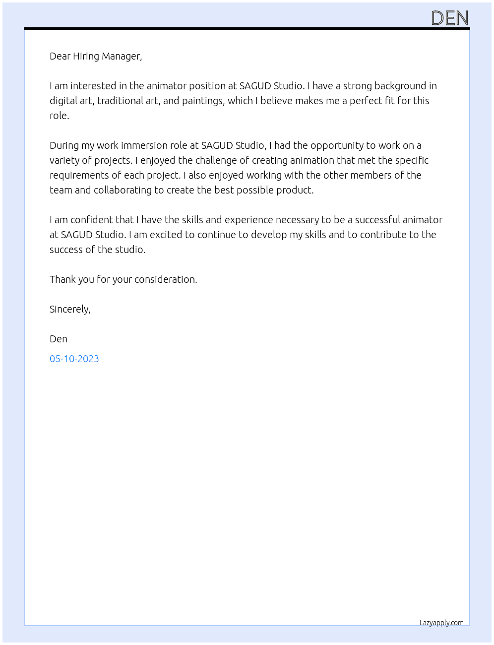 Animator At SAGUD STUDIO Cover Letter