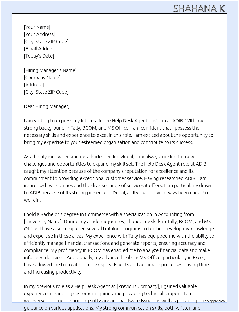 Help desk agent At ADIB  Cover Letter