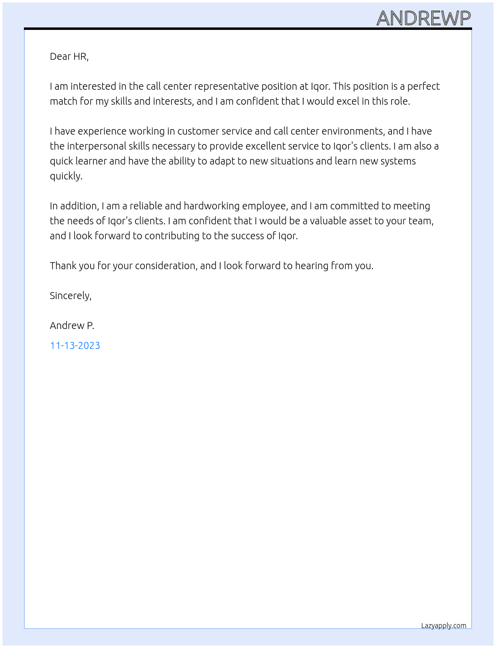 Call Center Representative  At Iqor Cover Letter