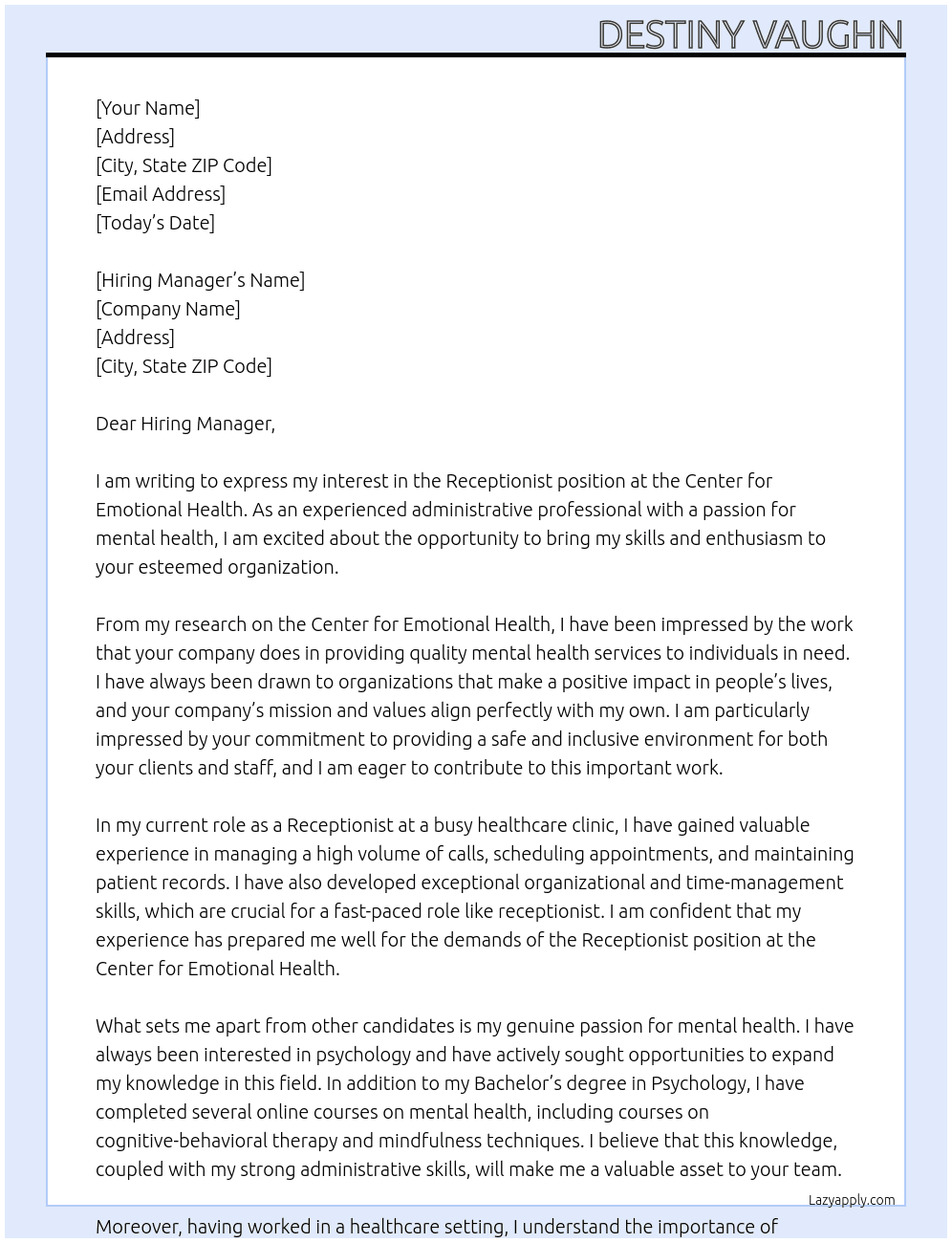 Receptionist  At Center for emotional health Cover Letter