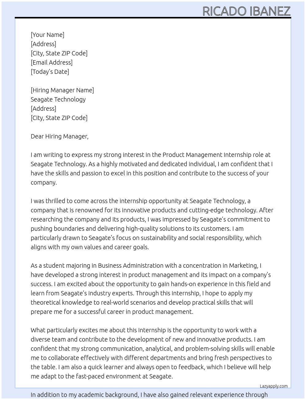 Product Management Internship At Seagate Technology Cover Letter