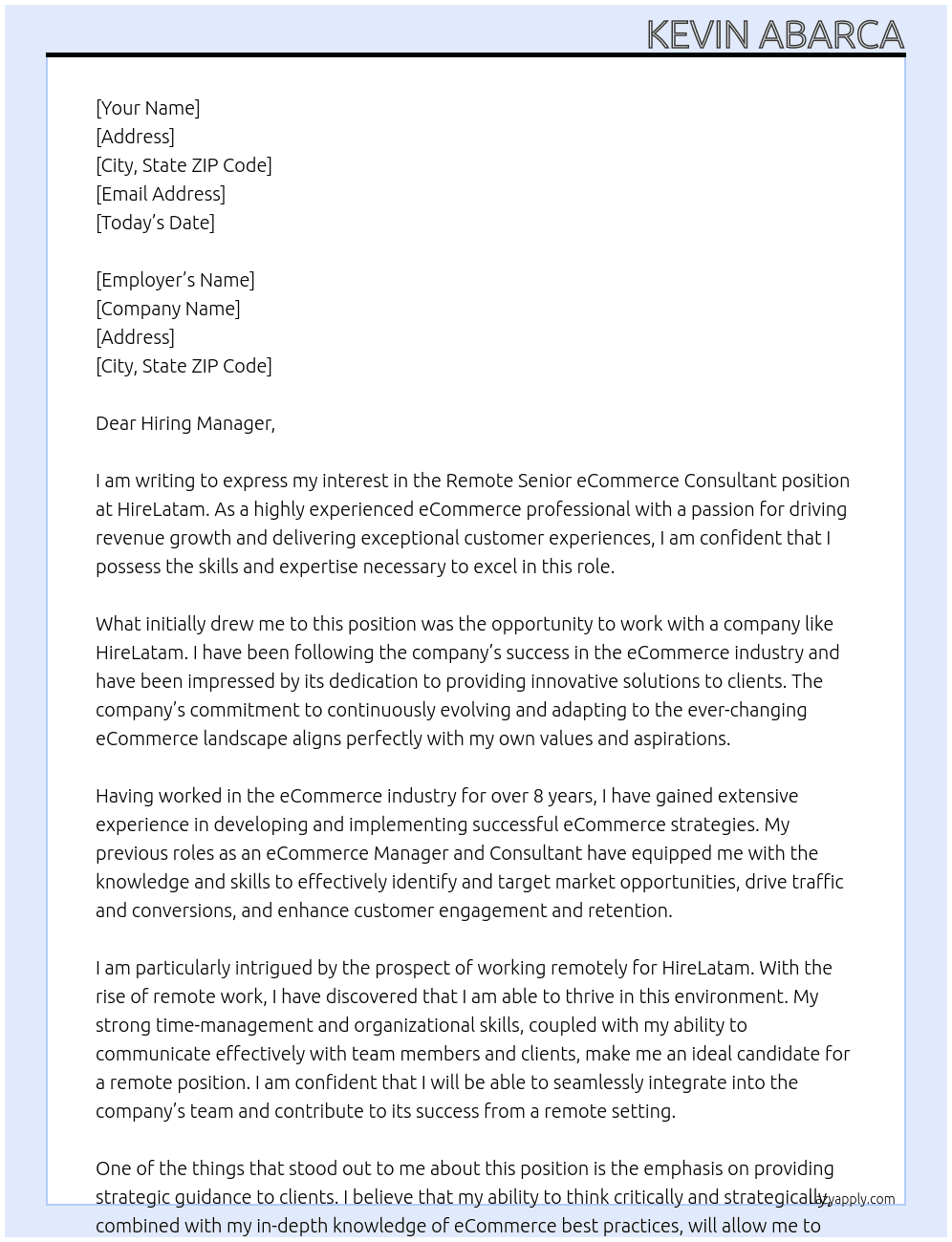 Remote Senior eCommerce Consultant At HireLatam Cover Letter