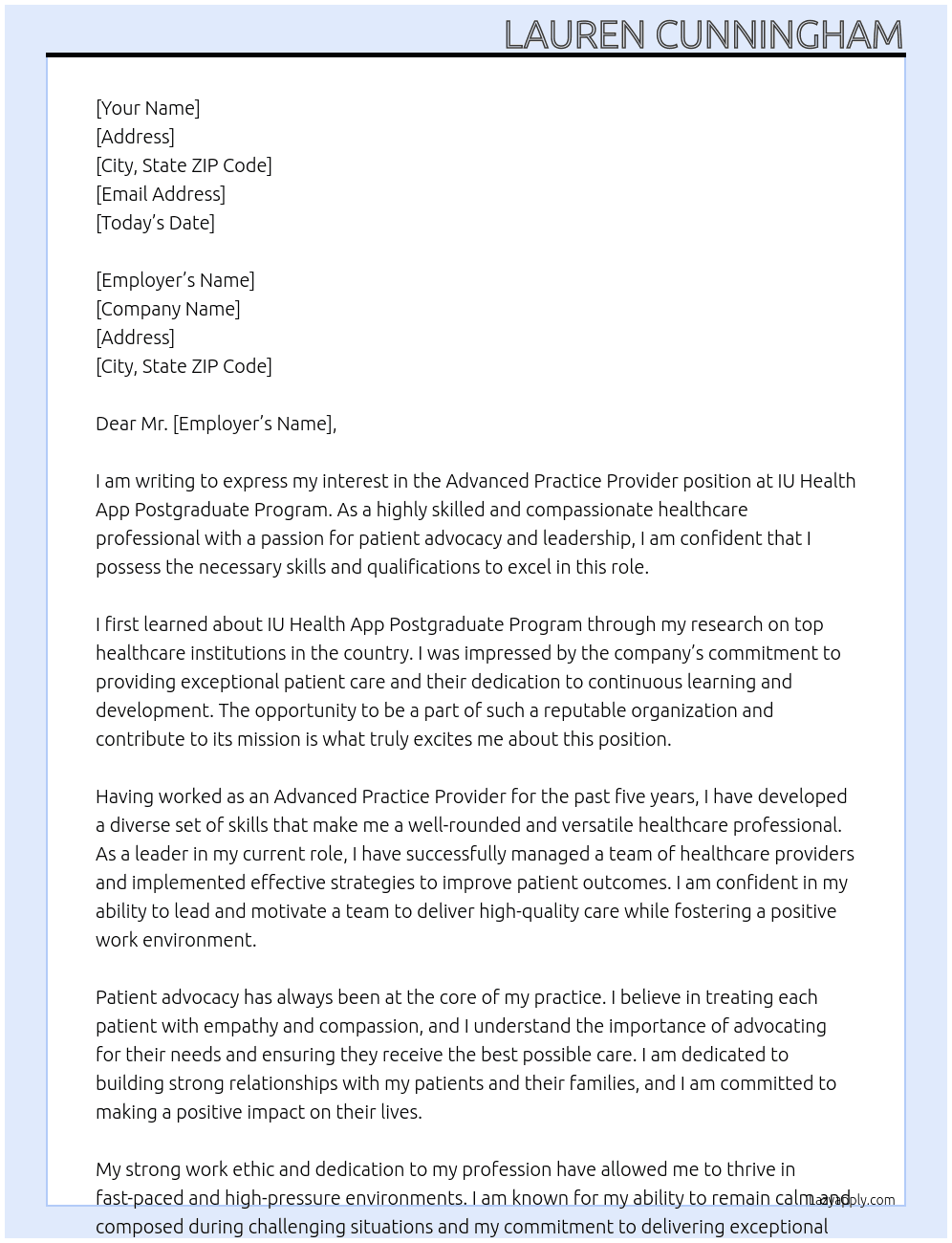 Advanced practice provider  At IU health app postgraduate program Cover Letter