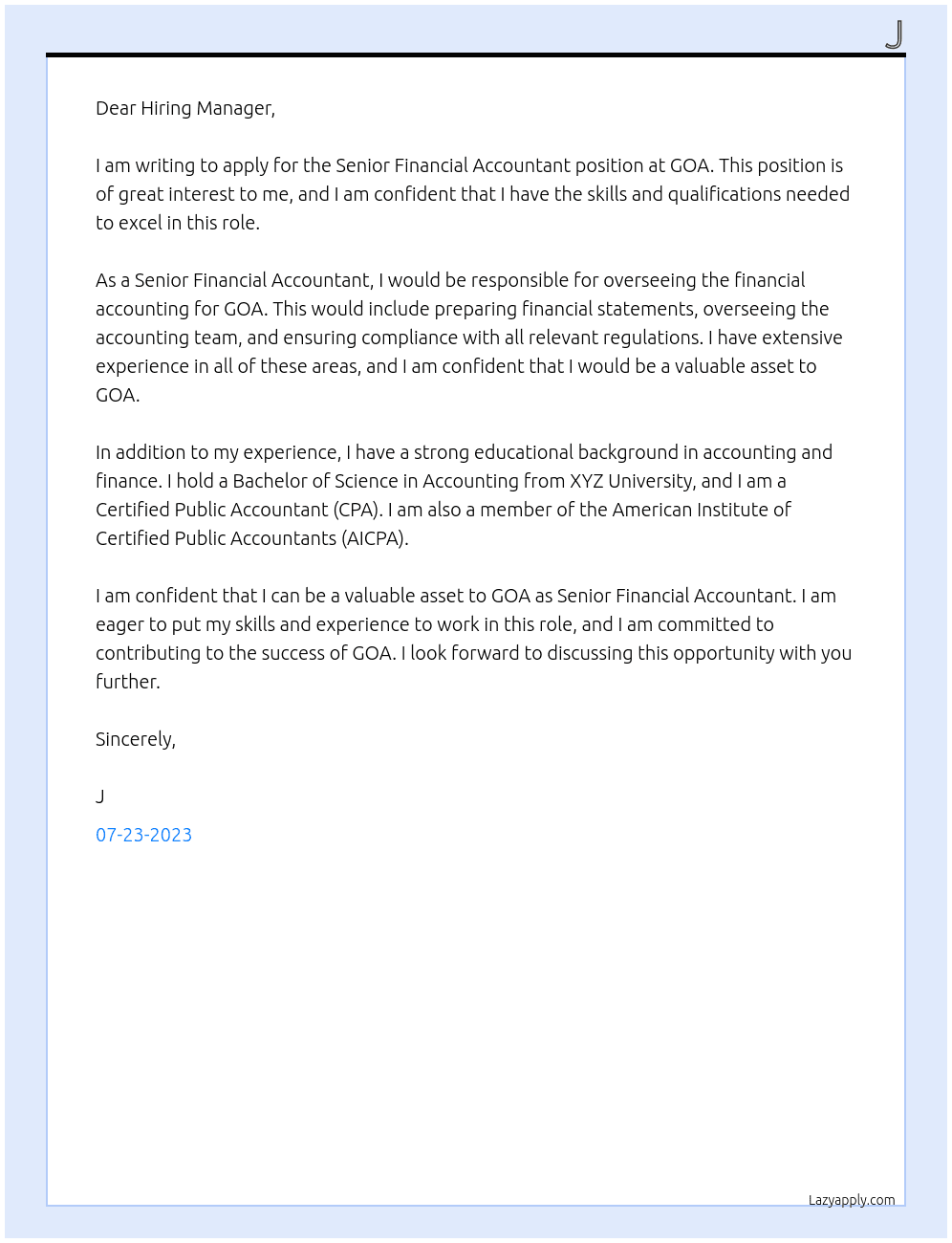 Senior Financial Accountant At GOA Cover Letter