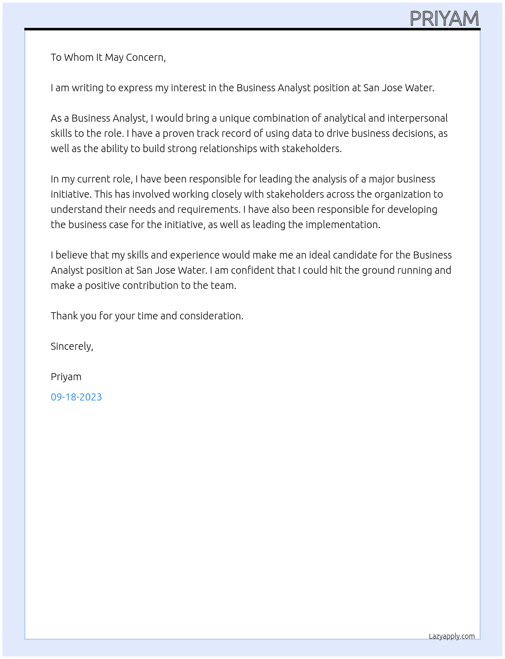 Business Analyst At San Jose Water Cover Letter