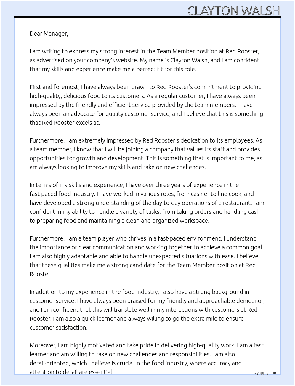 team member At Red Rooster Cover Letter