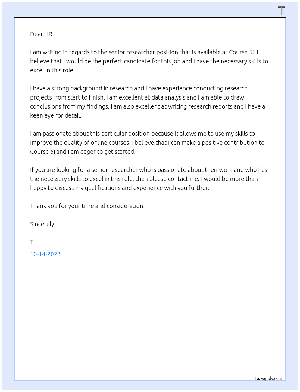 senior researcher At course 5i Cover Letter