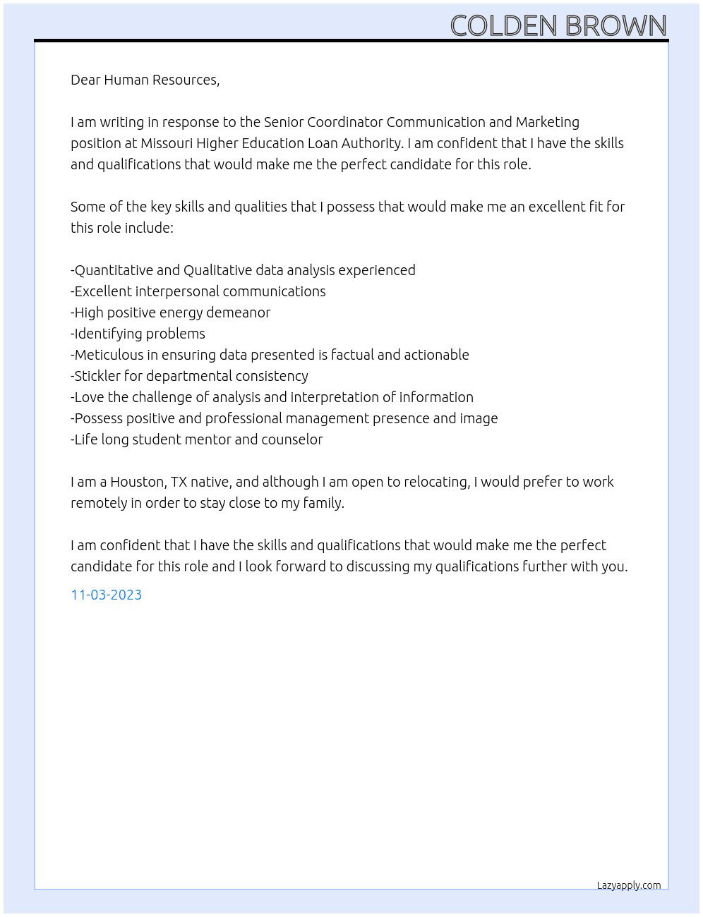 Senior Coordinator Communication and Marketing At Missouri Higher Education Loan Authority Cover Letter