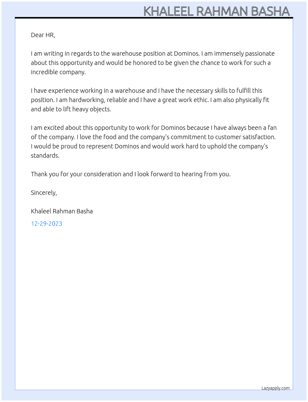 Wearhouse  At Dominos Cover Letter