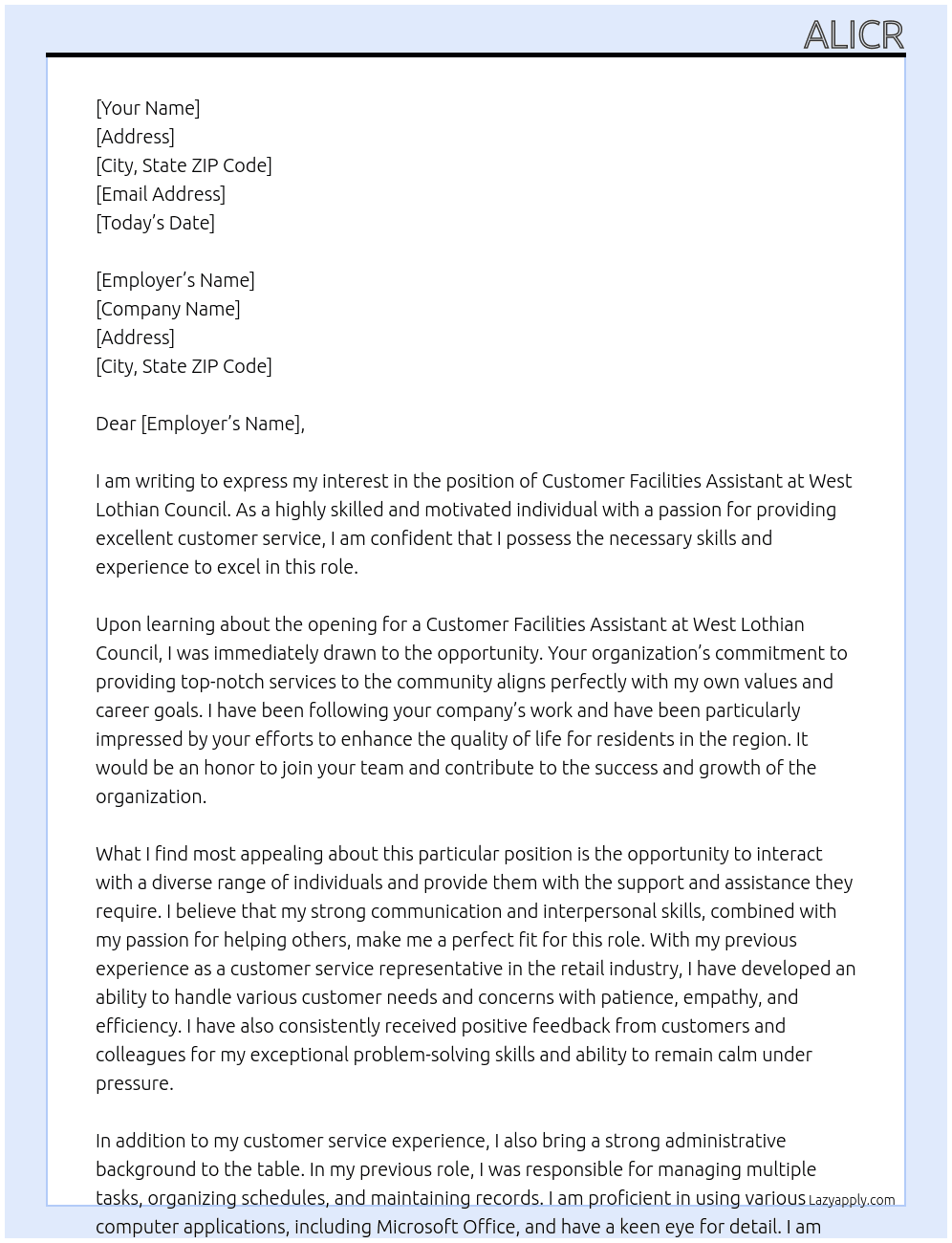 Customer facilities assistant  At West lothian council  Cover Letter