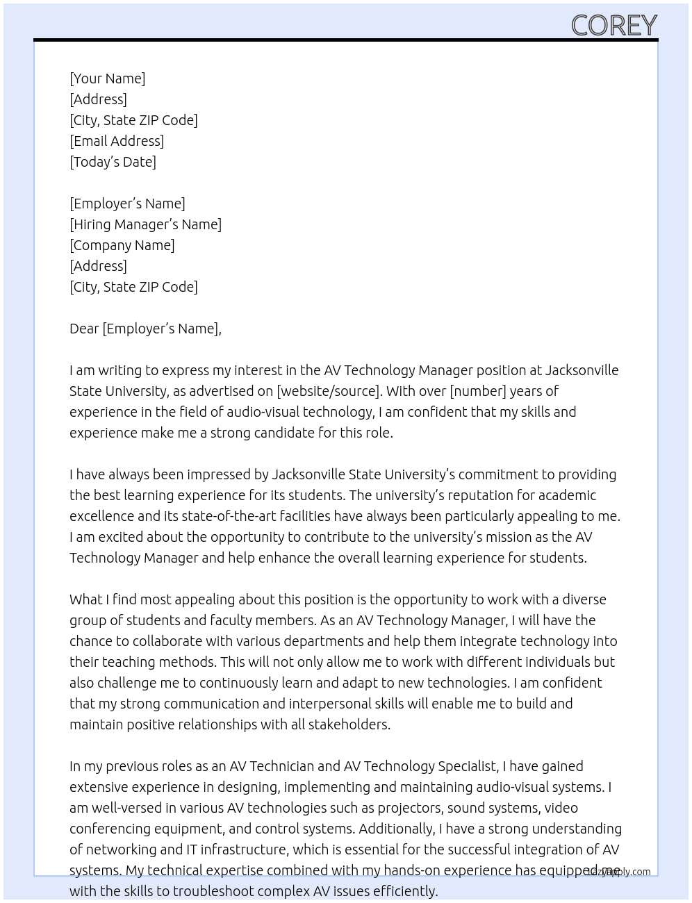 AV Technology Manager At Jacksonville State University Cover Letter