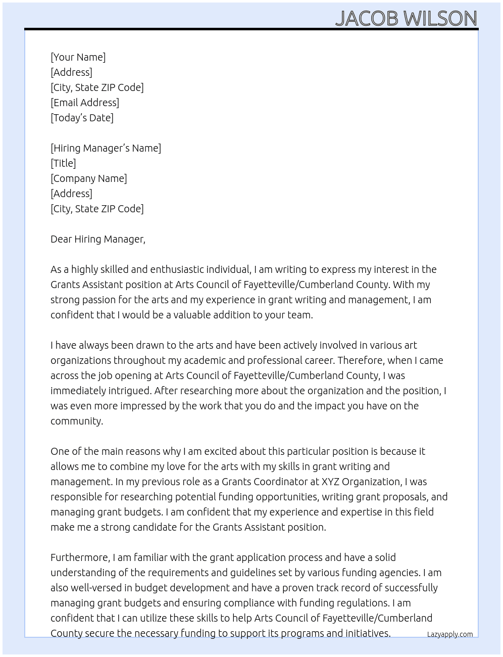Grants Assistant At Arts Council of Fayetteville/Cumberland County Cover Letter