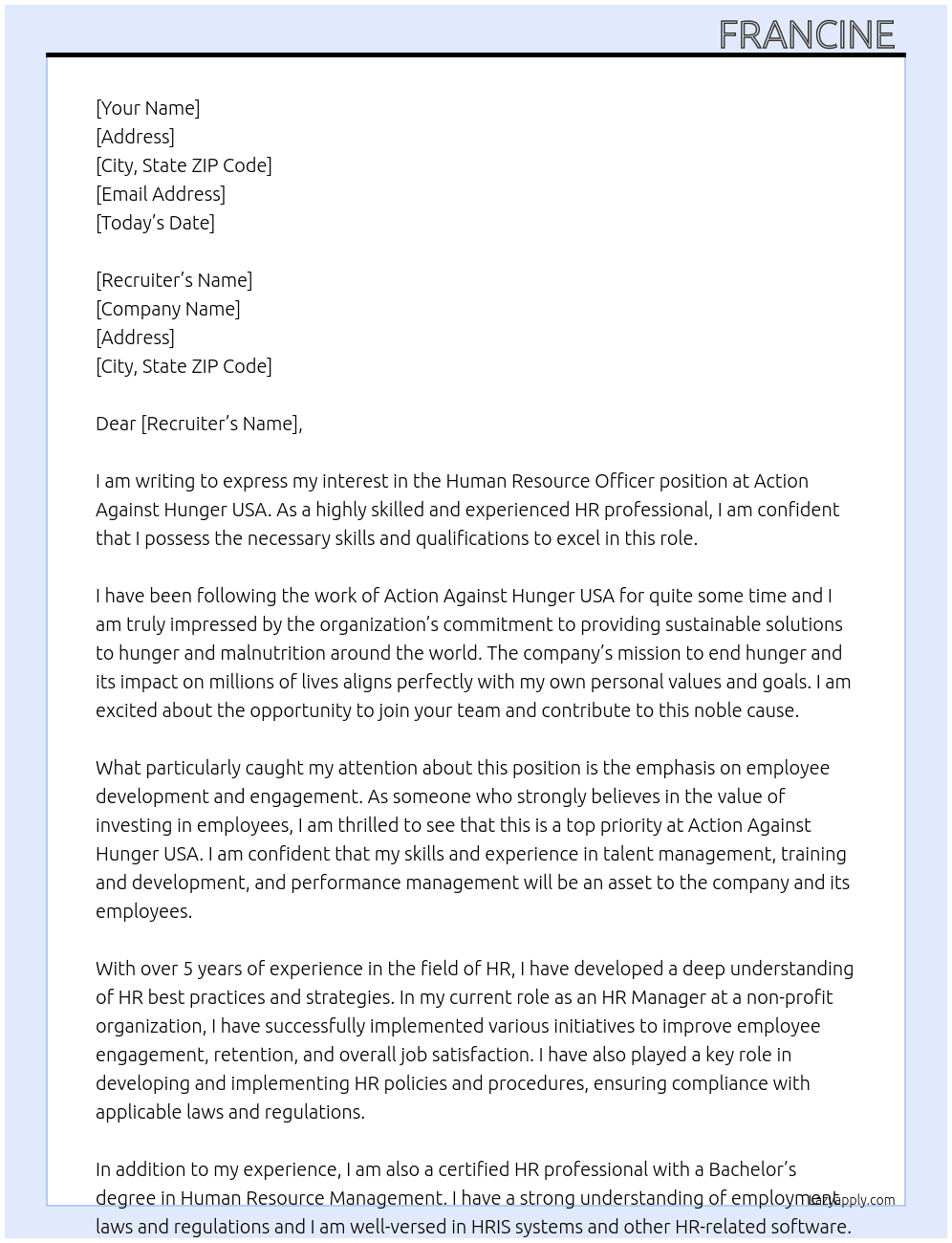 Human Resource Officer  At Action Against Hunger USA  Cover Letter